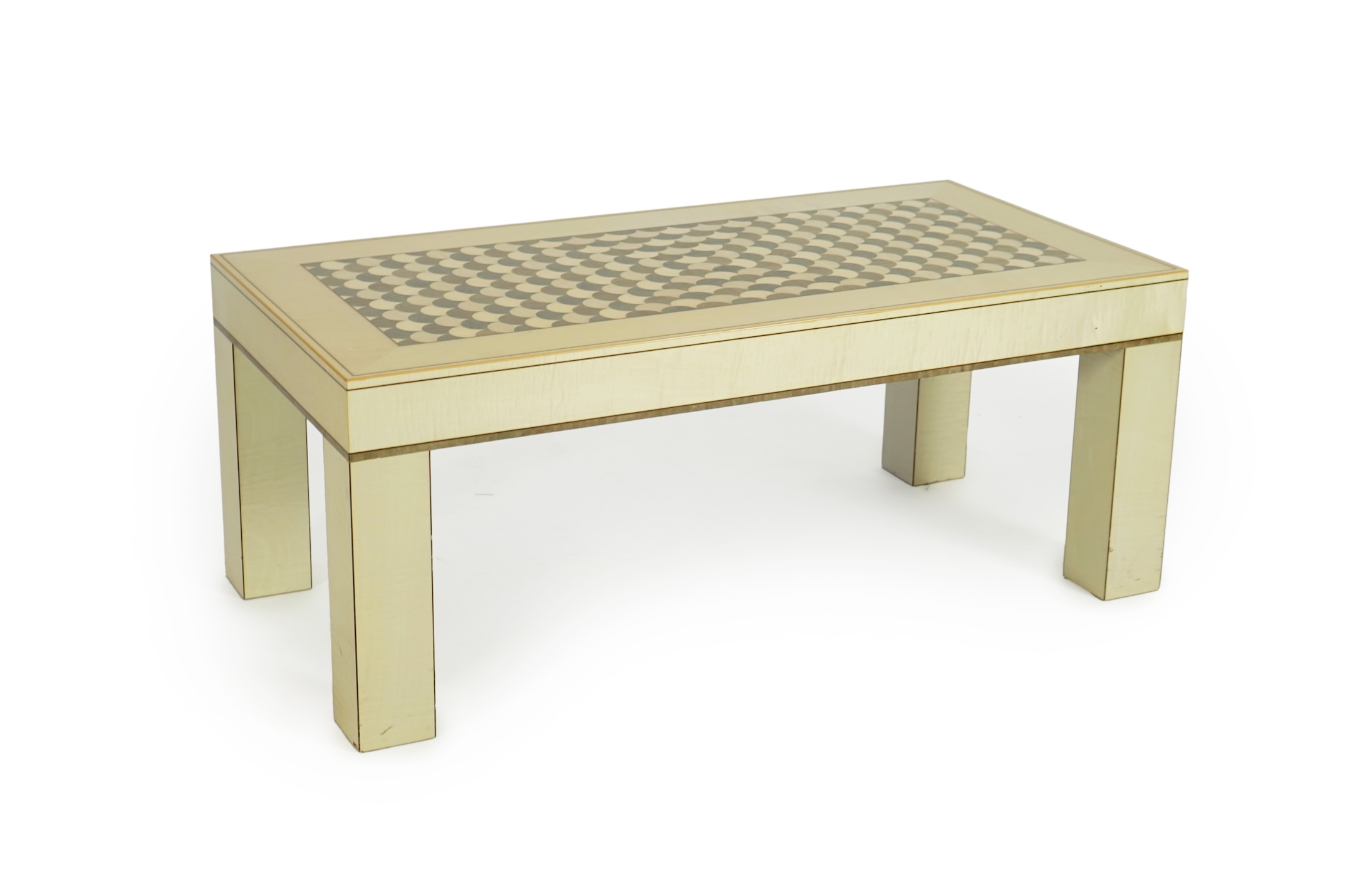 Lignae: A contemporary rectangular sycamore and specimen wood coffee table on square legs